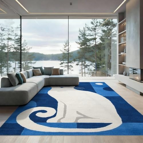 6'x9' Blue White Cat Sapphire Design Washable Area Rug