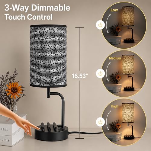 Dreamholder Touch Control USB Table Lamp with USB C/A & AC Outlet, 3-Way Dimmable Bedside Lamp, Modern Nightstand Lamps for Bedroom Living Room Guest Room Office, Bulb Included, Miracle Black