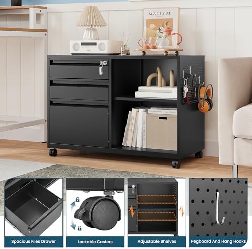 MIIIKO 3 Drawer File Cabinet with Lock, Metal Lateral Rolling Printer Stand Office Storage Filing Cabinets for Home Office,A4, Letter,File Folders(Black)