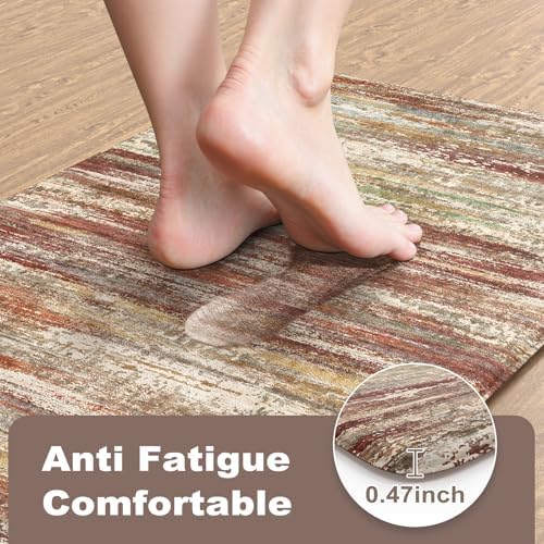 KIMODE Anti Fatigue Kitchen Mats for Floor 2 Piece,Red Brown Farmhouse Rugs