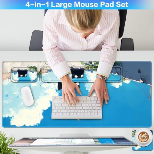 Desk Mat, Large Gaming Mouse Pad with Wrist Rest, 4in1 XXL Mousepad+Keyboard Wrist Rest+Mouse Pad Wrist Support+Cup Coaster Set Ergonomic Computer Desk Arm Wrist for Decor Home Office Women