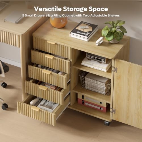 Bestier Office Storage Cabinet with 5 Drawer Adjustable Shelf, Oak
