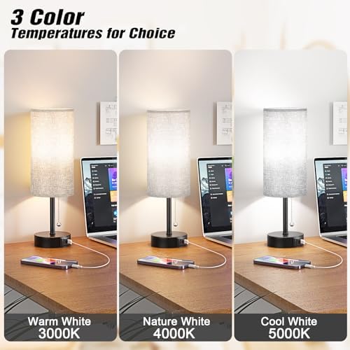 Grey Bedside Lamp for Bedroom Nightstand - Small Table Lamp with USB Ports
