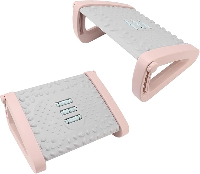 Ergonomic Foot Rest Under Desk, 6 Height Adjustable Footstool with Massage Roller – Office Chair Footrest for Home, Pink