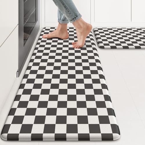 KIMODE Anti Fatigue Kitchen Mat for Floor, Checkered Kitchen Rugs Sets of 2