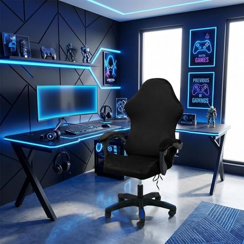 Gaming Chair Cover Set with Armrest Covers, Velvet Stretch Slipcover 1-Piece Form Fit Cover & Chair Armres Covers Included（no Chair） (Black)