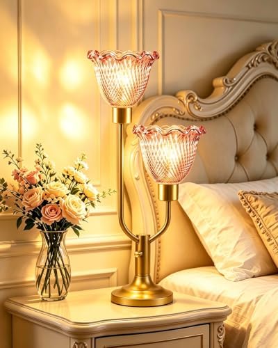 Flower Glass Table Lamp for Bedroom Dimmable Vintage Pink Lamp Gift