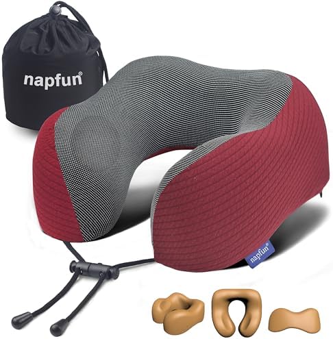 napfun Neck Pillow for Travel, Memory Foam Airplane Pillow, Burgundy