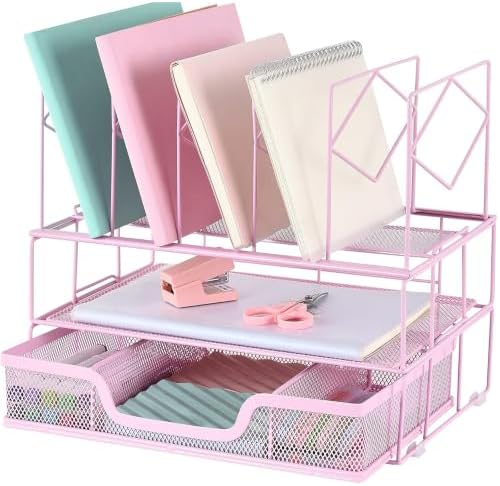 Desk Organizers and Accessories, 2-Tier Desk Organizer with Drawer, Pink