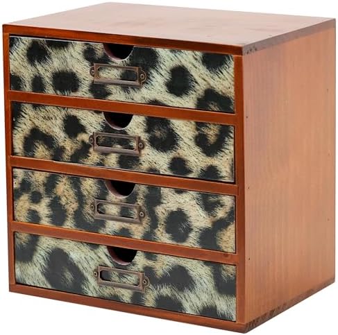 Classic Leopard Print Wooden Desk Organizer - 4-Drawer Desktop Storage - Rustic Wood Cabinet for Office Supplies, Craft Tools, & Home Organization - Luxurious Drawer Unit