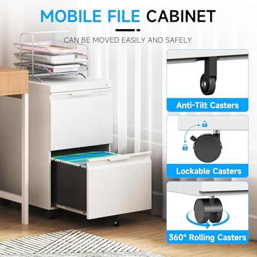 2 Drawer Mobile File Cabinet with Lock, Rolling File Cabinet with Wheels