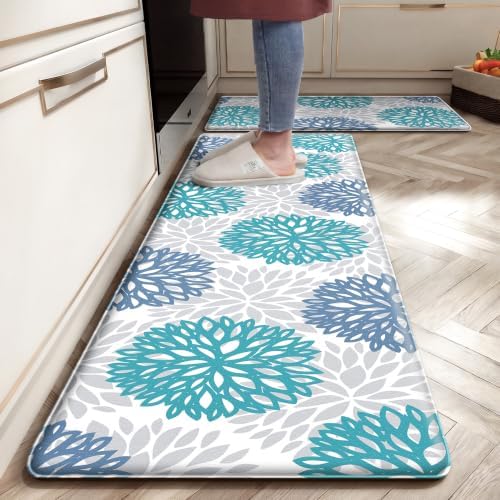 Teal Kitchen Mats Set of 2 Cushioned Anti Fatigue Kitchen Rugs Non Slip Waterproof Runner Memory Foam Kitchen Floor Mat Comfort Standing Mat for Sink,Office,Laundry