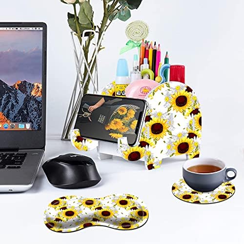 Cute Desk Accessories Set, Wooden Plastic Elephant Pen Pencil Holder Office Desk Decor Supplies Organizer, Multi-Function Phone Bracket Stand, Wrist Support Pad & Cup Coaster, Bright Sunflower