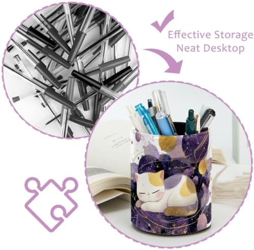 Leather Pen Holder for Desk, Space Cat Pencil Cup Pen Organizer Makeup Brush Holder for Office Home Kids Countertop Desk Accessory Storage