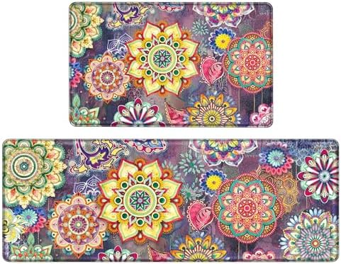 Boho Red Floral Kitchen Rugs Mats for Floor 2 Piece Memory Foam Padded Kitchen Mats Anti Fatigue Non Slip Cushioned Comfort Standing Mat, 17.3x28+17.3x47 Inch
