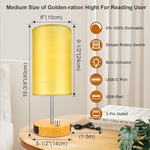 LTBLIGHT 2 Pack Gold Stepless Dimmable Bedside Table Lamp USB+AC Outlet