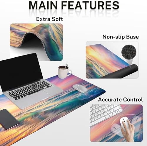 Britimes Keyboard Mouse Pad Set, 4 in 1 Desk Mat Set, Sunset Beach