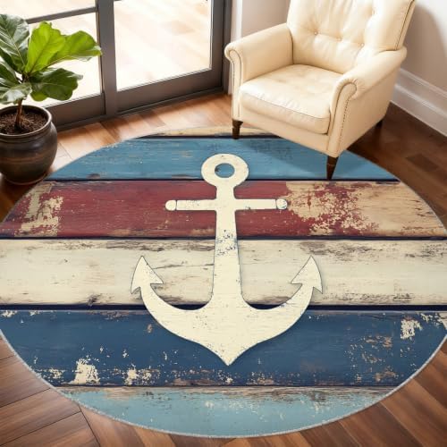 Nautical Round Area Rug - 3.3ft Navigational Anchor Round Rug for Kitchen, Ocean Theme Circle Rugs Washable Soft Non-Slip Carpet for Bathroom Kitchen Decor Mat