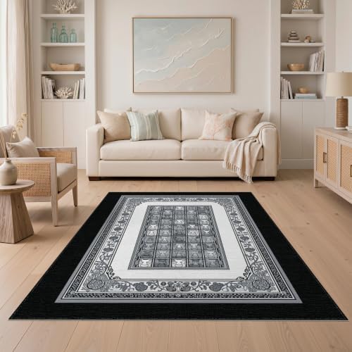 5'x7' Charcoal Gray Cat Motif with Vine Border Washable Area Rug