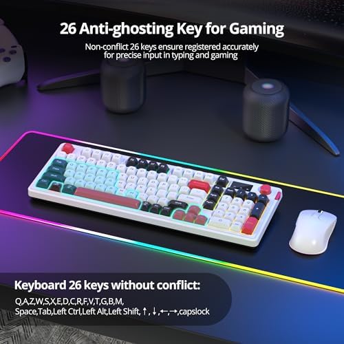 Fogruaden 96% Wireless Quiet Silent Gaming Keyboard with Number Pad & Knob, Mechanical Feel, Spill-Resistant, Multimedia Keys, Wired/BT/2.4G, USB Rechargeable Membrane Computer Keyboard for Win/Mac