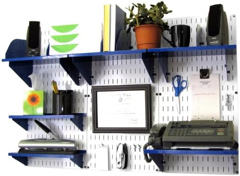 Wall Control Office Organizer Unit Wall Mounted Office Desk Storage and Organization Kit Slotted White Wallboards and Blue Accessories