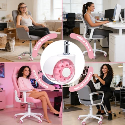 Pink Office Chair Wheels, 2 Inch Heavy-Duty Rubber Wheels for Office Chair, Computer Gaming Desk Chair Wheels-Set of 5, Smooth Rolling for Hardwood Carpet Tile Floors, 11 * 22mm Universal fit