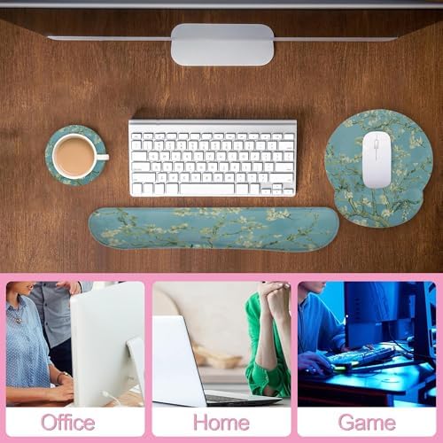 Blossoming Almond Tree Keyboard Wrist Rest Pad and Mouse Pad Wrist Support Set,White Flower 3-in-1 Ergonomic Mouse Pad with Non-Slip Rubber Base for Home Office Game Computers Desk,