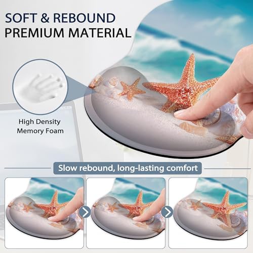 Starfish Wrist Rest Support for Mouse Pad Keyboard Set, Shell Beach Mouse Pad with Non Slip Rubber Base for Home and Office Typing Support