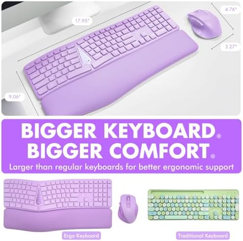 X9 Ergonomic Keyboard and Mouse Wireless Combo - Purple Keyboard and Mouse Wireless, Bluetooth/2.4G Split, Wrist Rest, Rechargeable, Silent Ergo Keys - PC, Mac, iOS, Android