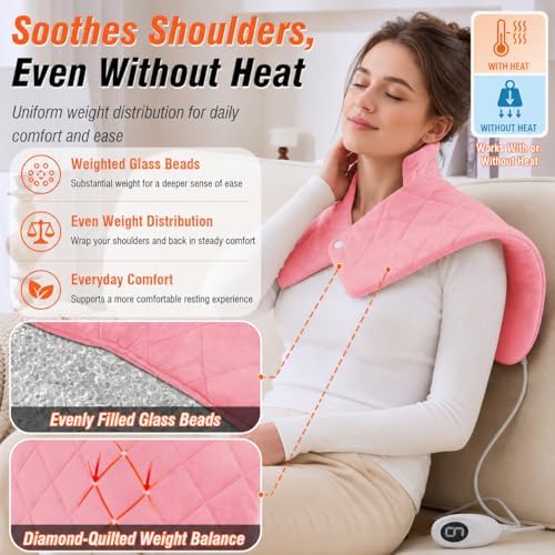Pink Shoulder Heating Pad for Neck and Shoulders and Back, Thanksgiving Gifts for Women, Birthday Gifts for Girl Her, Weighted Heating Pad for Neck with 9 Heat Options 4 Auto-Off Timer