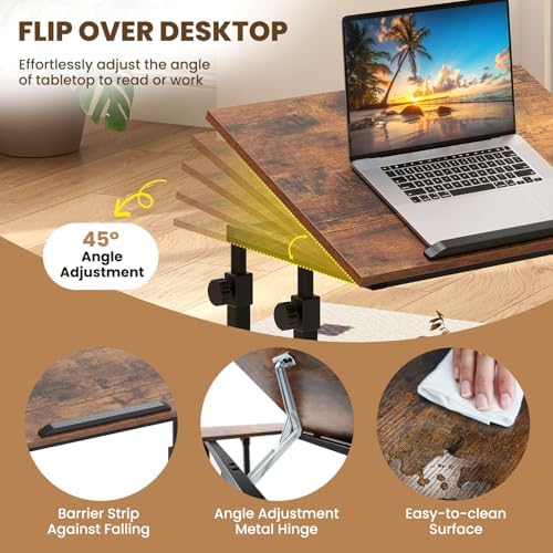 Giantex Mobile Standing Desk, Adjustable Rolling Computer Desk w/Tilting Desktop & Storage Shelves, PC Laptop Table, Small Compact Desk on Wheels for Small Space, Living Room & Bedroom (Rustic Brown)