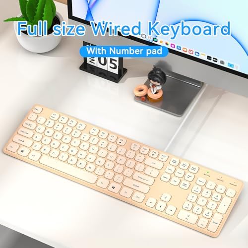 Wired USB Keyboard, Comfortable Quiet Chocolate Keys, Durable Ultra-Slim Computer Keyboard Wired(QWERTY) for PC, Windows 11/10/8/7/XP (Milk Tea, Wired Keyboard for Windows)