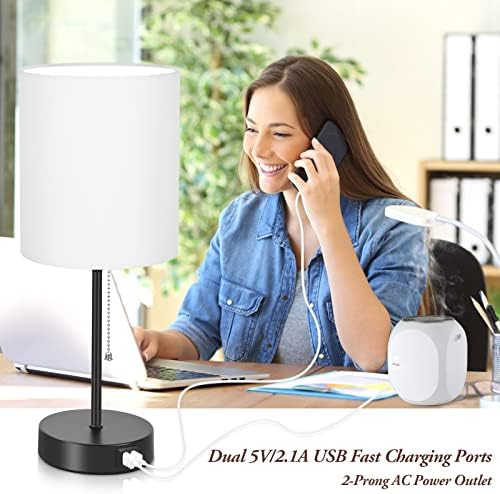 Bedside Table Lamps Set of 2 with USB Charging Ports and AC Outlet, White