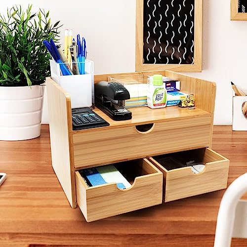 Sorbus Bamboo Desk Organizer - 3-Tier 100% Bamboo Desktop Organizers – Mini Bamboo Desk Drawer Tabletop Storage Box Countertop Organization 3 Drawers & Shelf - Office, Makeup Vanity, Fully Assembled