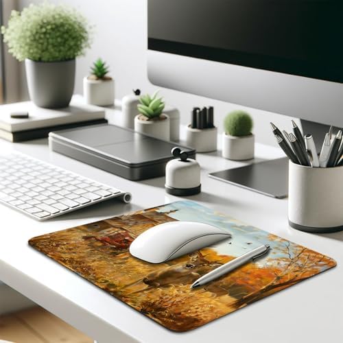 Deer Hunting Season Autumn Mouse Pad, Rustic Farm with Red Tractor Desk Mat