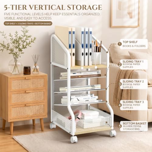 Rolling File Cart Under Desk Storage and Organizers 5-Tier White