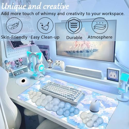 Gel Cloud Keyboard and Mouse Wrist Rest Set Gradient Blue Keyboard Wrist Rest Transparent Ergonomic Cute Mouse Wrist Pad Silicone Non-Slip Clear Wrist Rest for Computer Keyboard 60%68% 75% Home Office