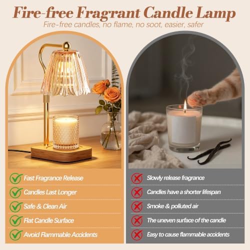 Candle Warmer Lamp with Timer Dimmer, Modern Wax Warmer for Scented Wax Jar, Striped Glass Candle Warmer, Adjustable Height Glass Lamp for Gifts for Women, Home Decor, Amber