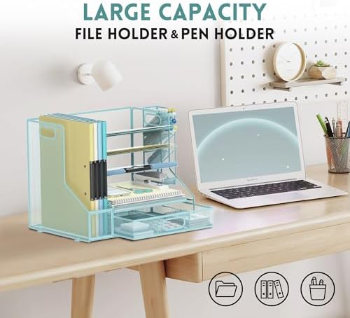 5-Tier Desk Organizer with File Holder & Pen Holder & Sliding Drawer, Blue