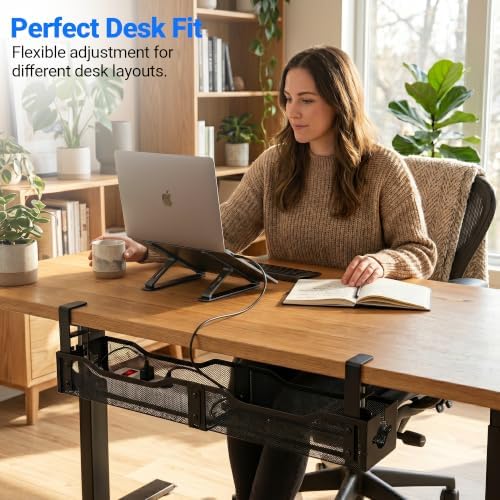 Under Desk Cable Management Tray - 25" No Drill Under Desk Cord Management with Clamp, Metal Desk Cable Organizer & Wire Management Tray for Standing Desk, Home Office Cord Organizer, Black