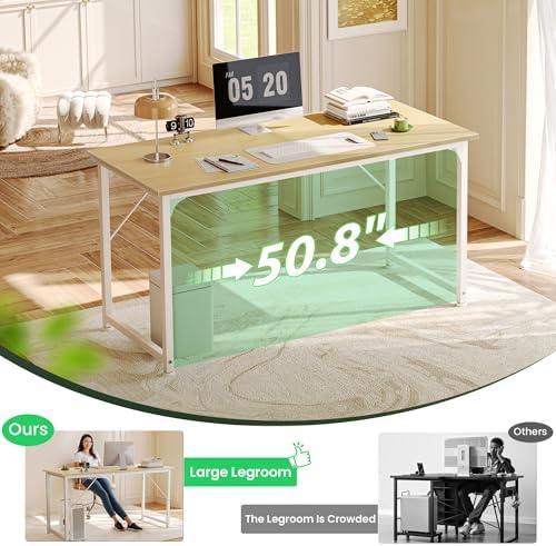 Huuger Computer Desk, 54 Inch Office Desk, Gaming Desk with Storage, Writing Desk Work Desk for Home Office, Study, Modern Simple Desk, Large Legroom, Metal Frame, Maple