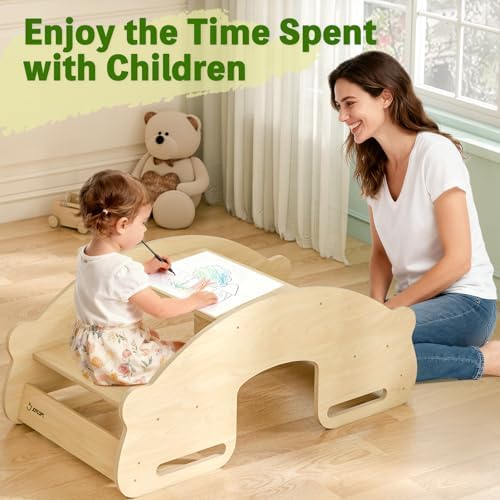 3-in-1 Kids Table and Chair and Kid Seesaw - Convertible Activity Table with Twin Chairs Montessori Balancing Toy,Teeter Board for Children,Birchwood