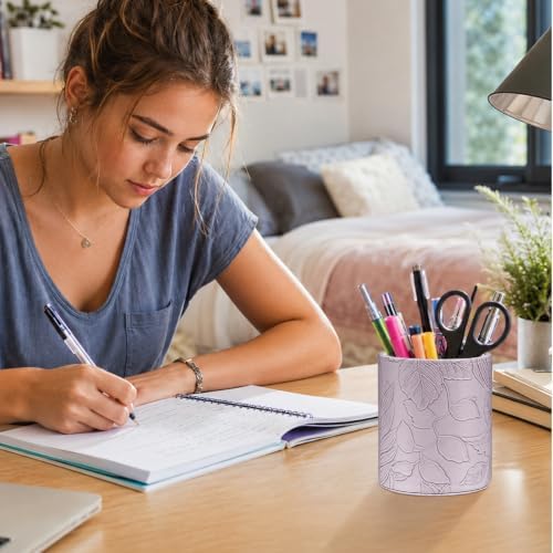 Round Leather Pen Holder for Desk, Desktop Organizer,(Carved Purple)