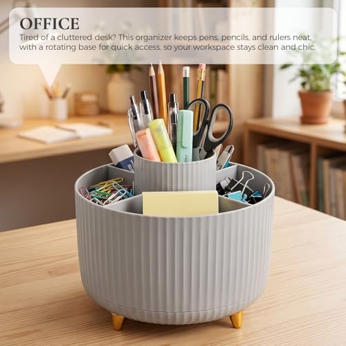 KONVINIT Pencil Pen Holder for Desk, 5 Slots 360-Degree Rotating Desktop Organizer, Cute Desk Organizers and Accessories for School, Home, Office and Art Supply, Grey