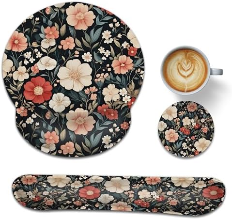 Keyboard Wrist Rest Pad Ergonomic Mouse Pad Set,Vintage Floral 3 in 1 Memory Foam Mouse Pad with Non Slip Base for Office and Home