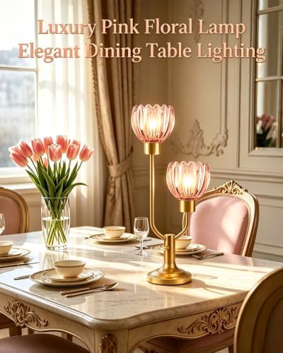 Flower Table Lamp Vintage Pink Glass Lamp Dimmable 2 Bulbs Included