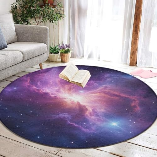 Large Home Decor Mat, Soft Round Yoga Carpet, Non Slip Machine Washable Kitchen Office Circle Rug Purple Blue Galaxy Space