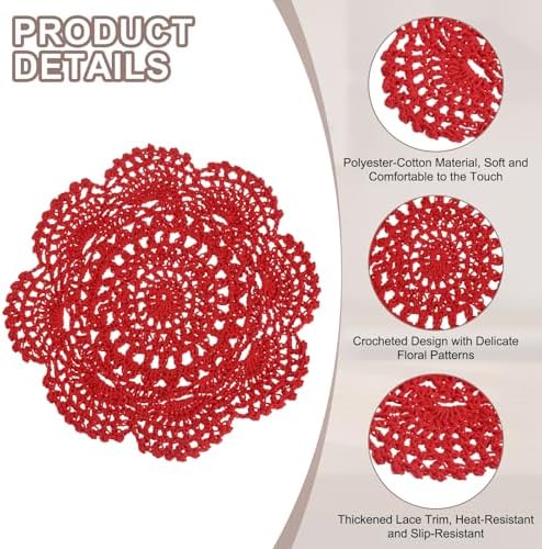 uxcell 6 Pcs Crochet Handmade Cotton Placemat Doilies for Table 7.9" Red