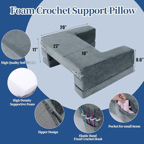 HOMBYS Adjustable Foam Crochet Pillow for Lap Support, Soft Velvet Reading & Gaming Pillow with Side Pocket and Elastic Band, Desk Cushion for Sofa, Bed & Floor, 2 Heights for Adjusting, (Grey)