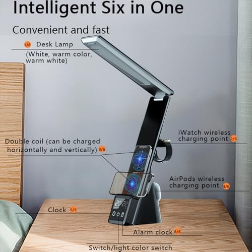 IHAO 6in1 Multifunctional Foldable LED Table Lamp with Wireless Charger Digital Alarm Clock Eye-Care Lighting 3 Color Modes 15W Qi Charger for Phone/Headphones, iWatch Charger Compatible-N61 White